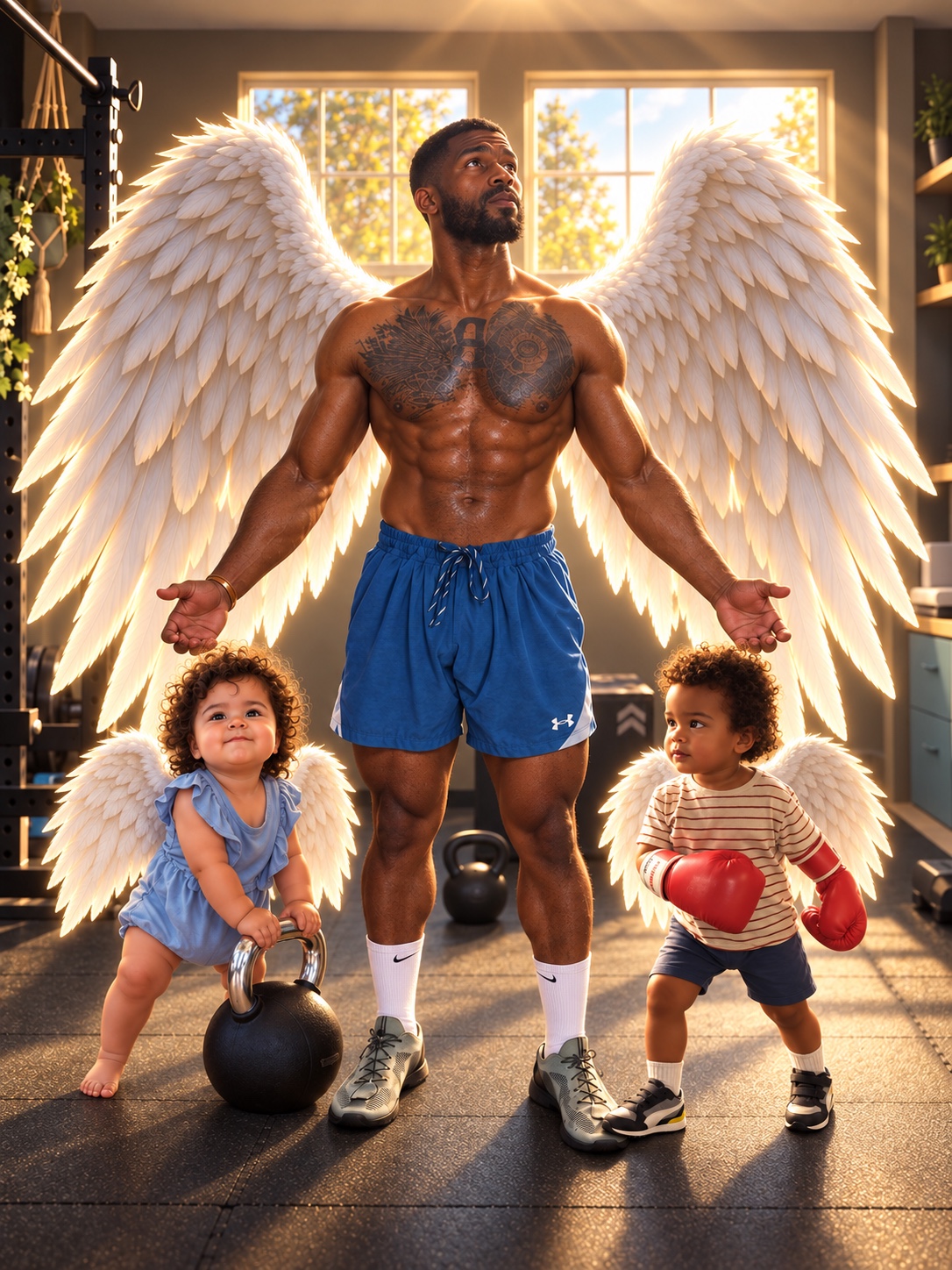 Coach Angel Wilson with his children, Arrow and Everly Bow, in the gym wearing angel wings